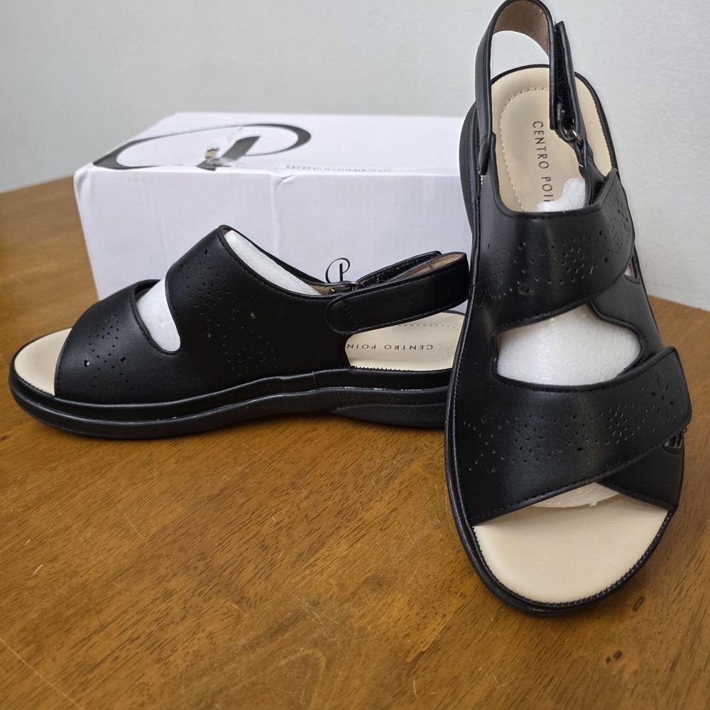 Centro Point Black Sandals Size 7 Comfort Easy‎ Hook Loop Fasteners New